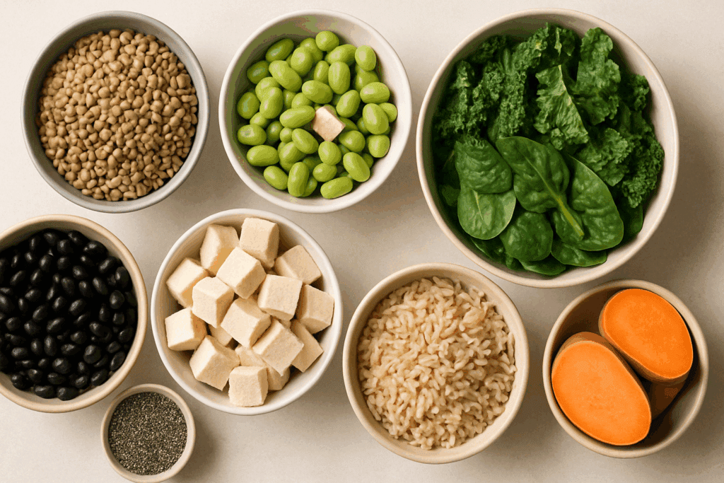 Bowl arrangement of lentils, tofu, leafy greens, and sweet potatoes highlighting what to eat while cutting for muscle retention
