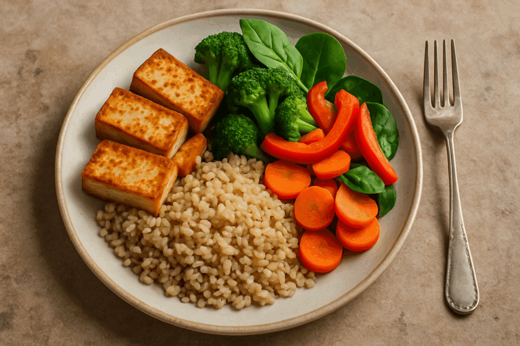 Balanced plate with tofu, quinoa, and vegetables highlighting the benefits of bodybuilding simple mealsv