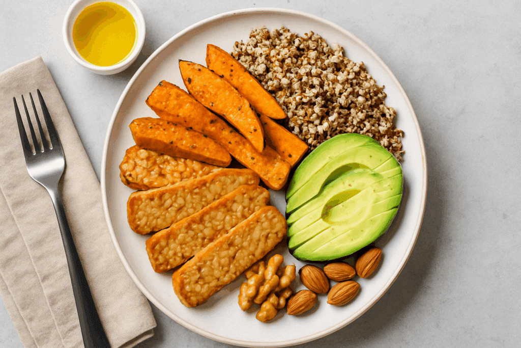 Balanced plate with tempeh, quinoa, and avocado highlighting what to eat to build muscle and burn fat naturally