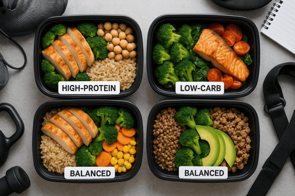Portioned meals with lean proteins, grains, and veggies from a fitness meal prep service promoting balanced nutrition