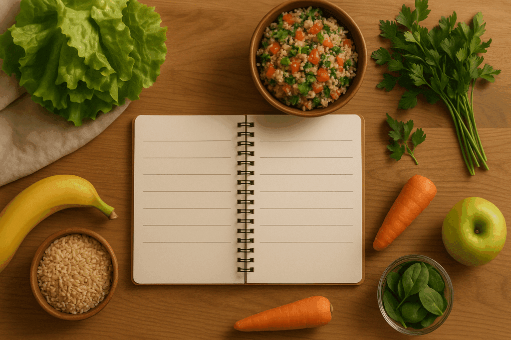 Open notebook surrounded by whole foods and meal prep ingredients, reflecting the structure of easy weekly meal plans.