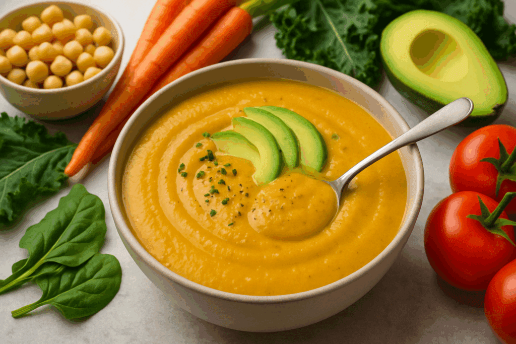 Blender Soups for Vegans: Easy and Nutritious Pureed Recipes to Boost Your Plant-Based Diet 1 Colorful kitchen with fresh vegetables and a blender making creamy blender soups for vegans, showcasing whole-food ingredients on the counter.