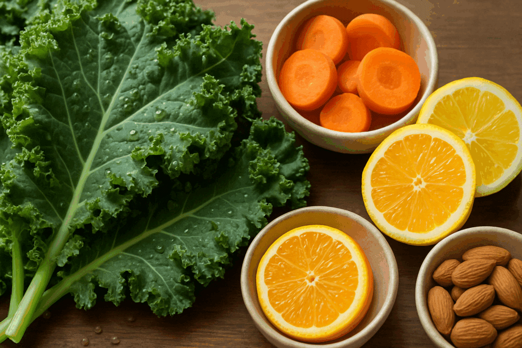 Nutrient-Packed Vegan Kale Soup Recipes to Support Immune Health and Plant-Based Living 1 Bowl of steaming soup with kale, carrots, lentils, and garlic on a rustic table, showcasing nutrient-rich vegan kale soup recipes.