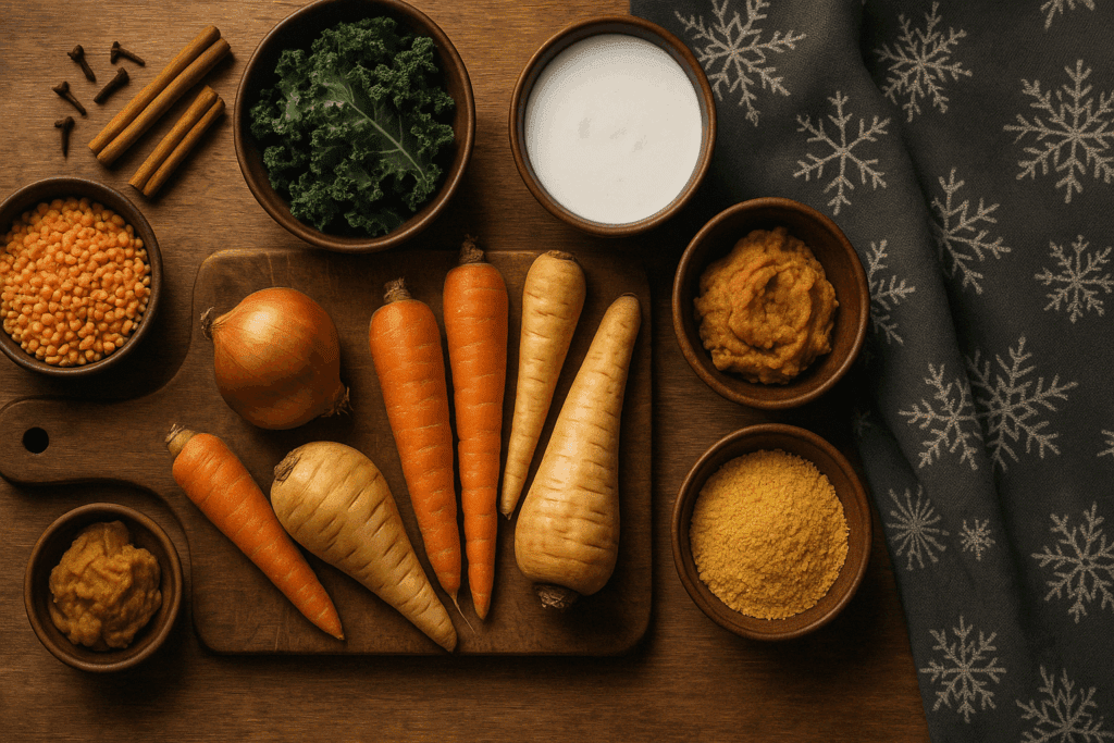 Festive Vegan Soup Ideas for a Cozy Christmas: Nourishing Recipes to Warm Your Holiday Table 1 Colorful bowl of festive vegan soup made with carrots, kale, and lentils, surrounded by holiday decorations on a rustic table