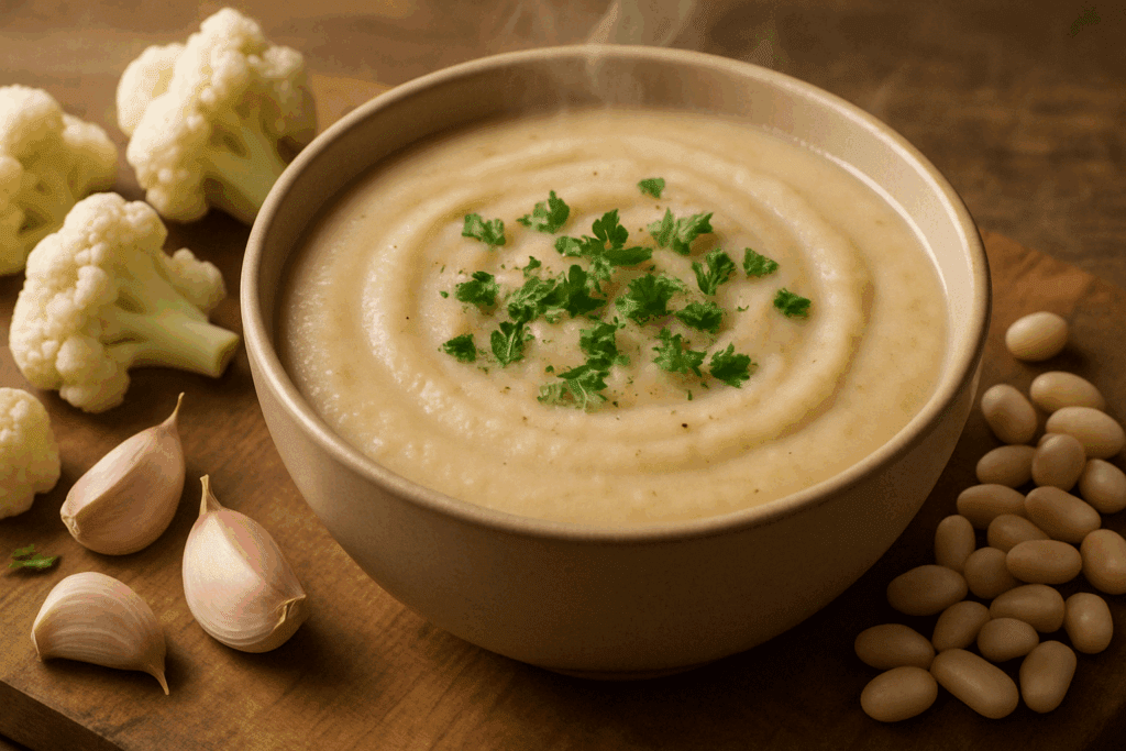 10 Nourishing Vegan and Gluten Free Soup Recipes Backed by Nutrition Science 1 Creamy cauliflower and white bean soup in a rustic bowl with herbs, featured in gut-healing vegan and gluten free soup recipes.