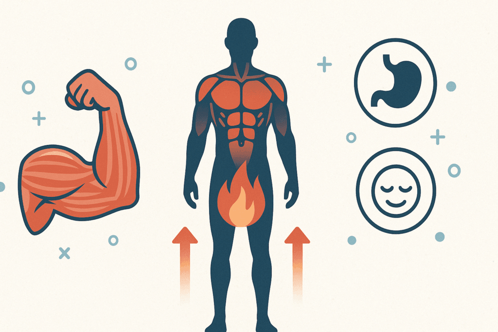 Metabolic benefits of a high protein diet meal plan shown through muscle activation and energy burn illustration
