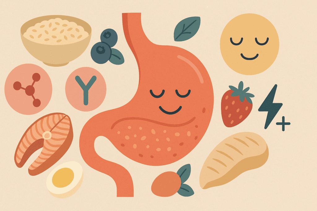 Visual representation of satiety-enhancing ingredients like oats, berries, and protein used in healthy breakfast meal prep ideas