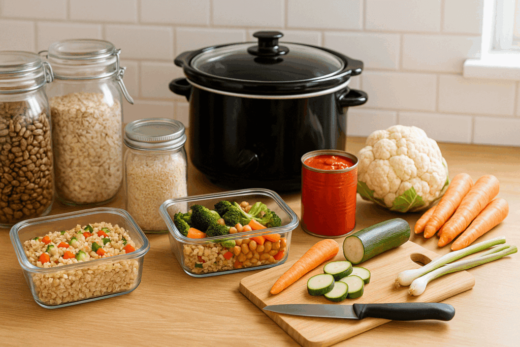 Easy vegetarian meal prep containers filled with lentils, brown rice, roasted sweet potatoes, and steamed broccoli on a kitchen counter.