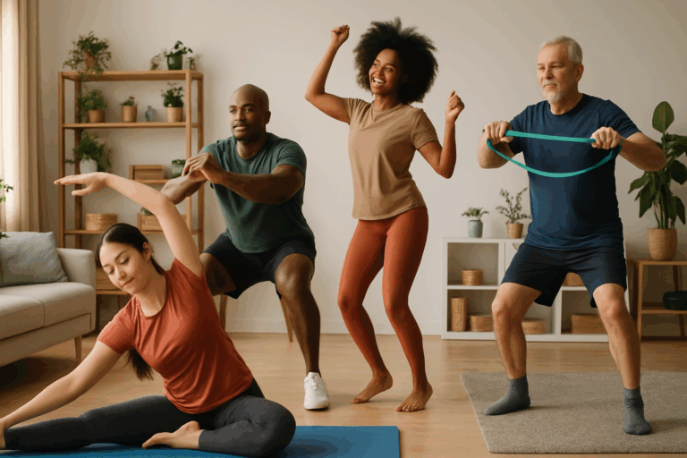 Diverse group of people doing yoga, squats, dancing, and resistance band training in a cozy home gym setting, showing types of exercises you can do at home.