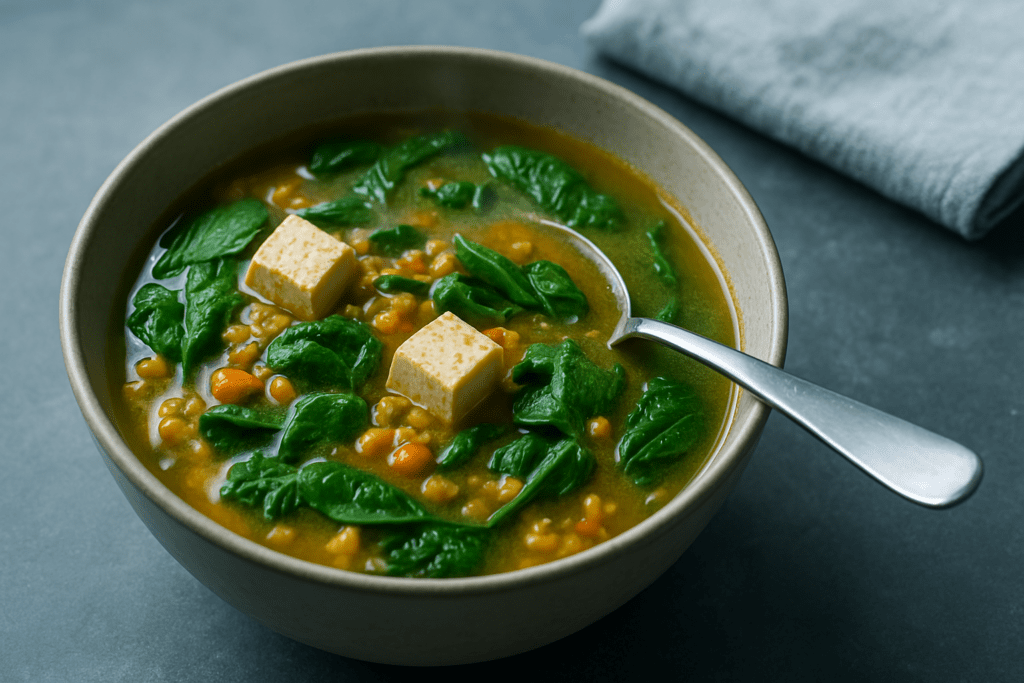 7 Nourishing High Protein Vegan Soup Recipes That Support Plant-Based Health and Recovery 2 A bowl of vibrant vegan soup featuring lentils, tofu, carrots, and spinach sits on a dark, textured surface, bathed in cool clinical lighting. The high-protein ingredients are sharply defined, highlighting the meal’s nourishing qualities for plant-based health and recovery.
