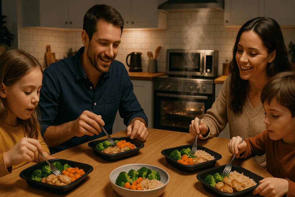 Best Healthy Frozen Food Delivery and Ready to Eat Meals for Busy Lifestyles 2 Side-by-side comparison of vintage TV-style frozen meals and modern healthy frozen food delivery dishes with vibrant ingredients