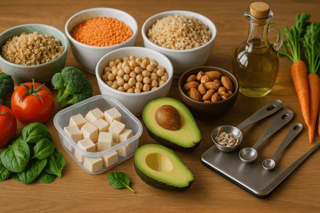 Fueling Strength the Smart Way: A Nutrition Plan for Strength Training That Supports Muscle, Metabolism, and Women’s Wellness 2 Colorful array of plant-based proteins, grains, and vegetables on a kitchen counter as part of a balanced nutrition plan for strength training.
