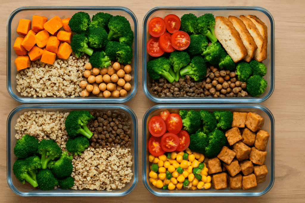 Overhead view of colorful grain bowls and vegetables arranged on a kitchen counter for meal prep for two people