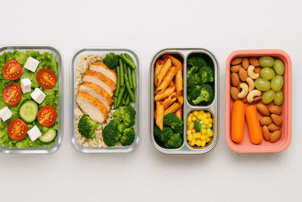 Top-down view of the best meal prep containers holding colorful vegetables, proteins, and grains for a balanced weekly meal plan.
