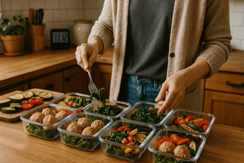 Top-down view of assorted low carb dishes including cauliflower crust pizza and eggplant stir-fry as part of smart meal prep ideas for a low carb diet.