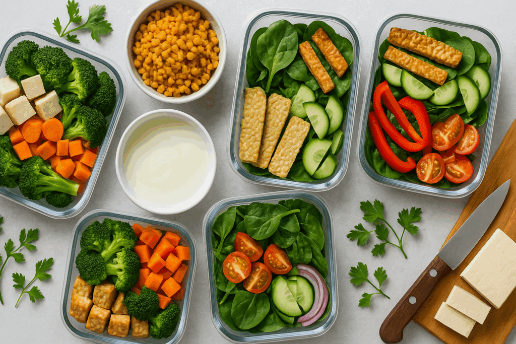 Flat-lay of plant-based ingredients like tofu, spinach, and quinoa used in low calorie high protein meals for weight loss.