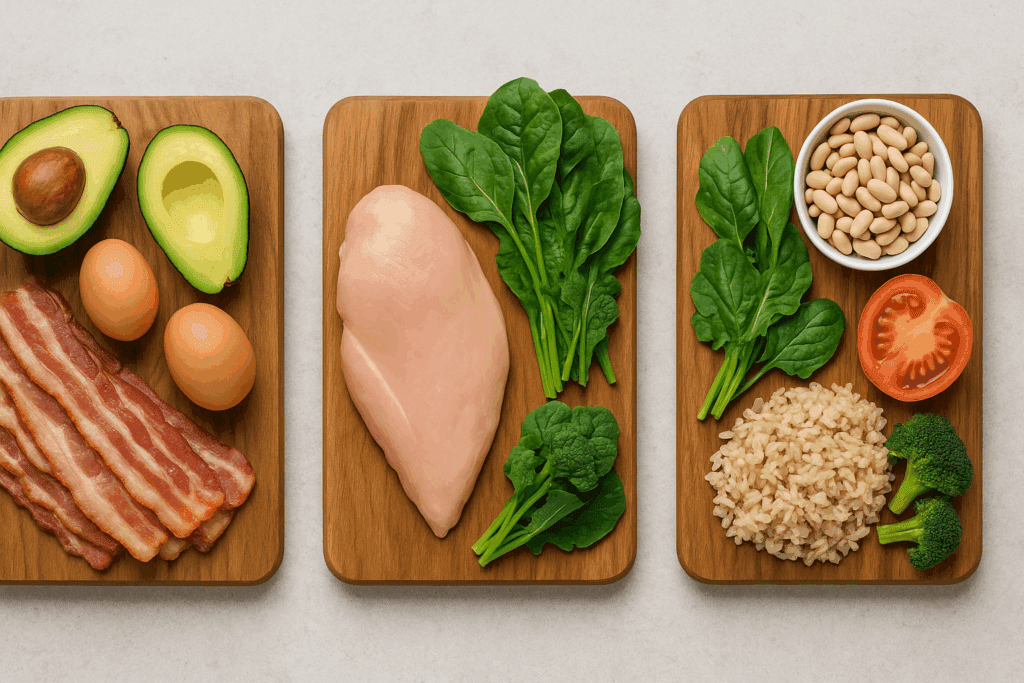 Healthy fats including avocado, walnuts, chia seeds, and olive oil displayed on a modern kitchen counter, supporting eating for a lean body goals.