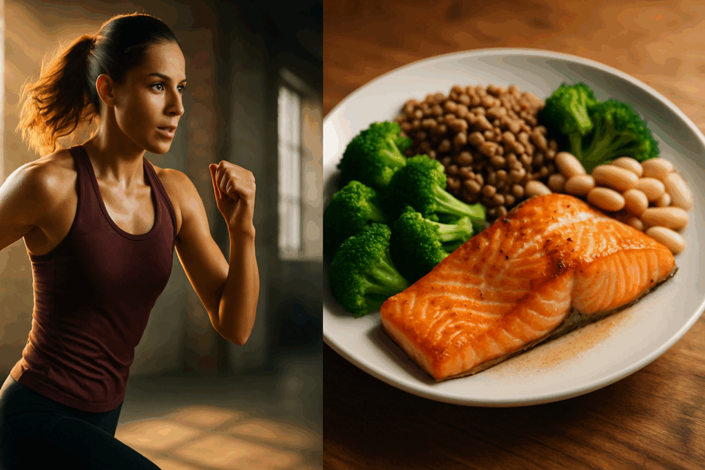 Diverse high protein meal prep options including lentils, tofu, eggs, and roasted vegetables on a wooden table