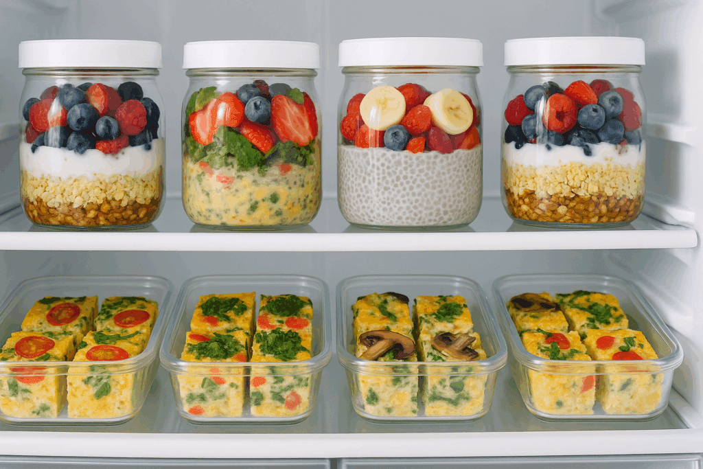 Refrigerator shelf stocked with glass containers holding colorful high protein make ahead breakfast options like chia pudding and veggie frittatas.