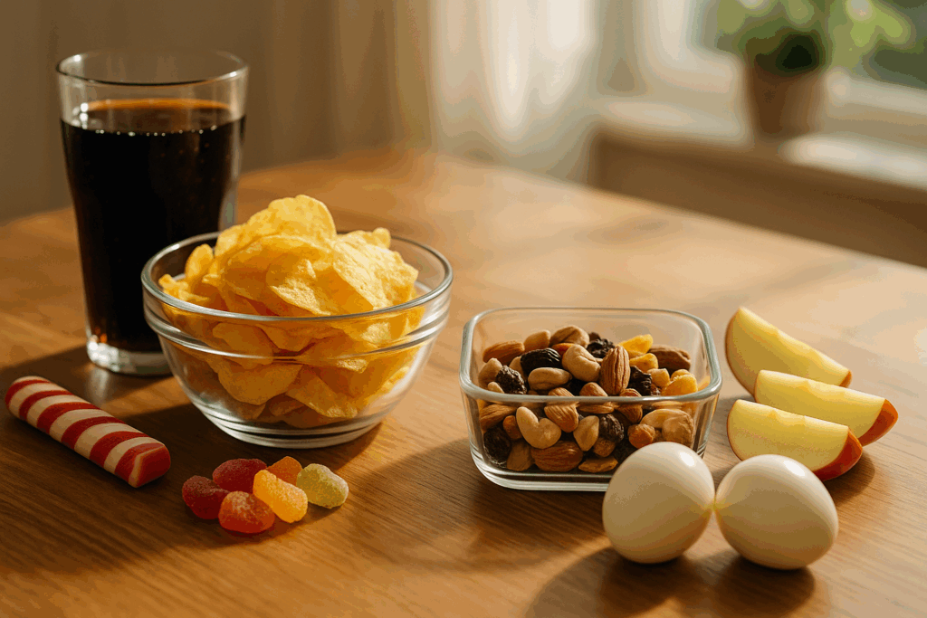 Busy professional packing whole food snacks on the go like boiled eggs, veggies, and almonds into a workday lunch bag.