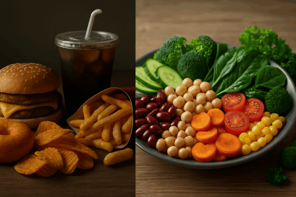 Split image of fast food versus a vibrant vegetable plate showing what are the vegetables that help reduce chronic disease risk