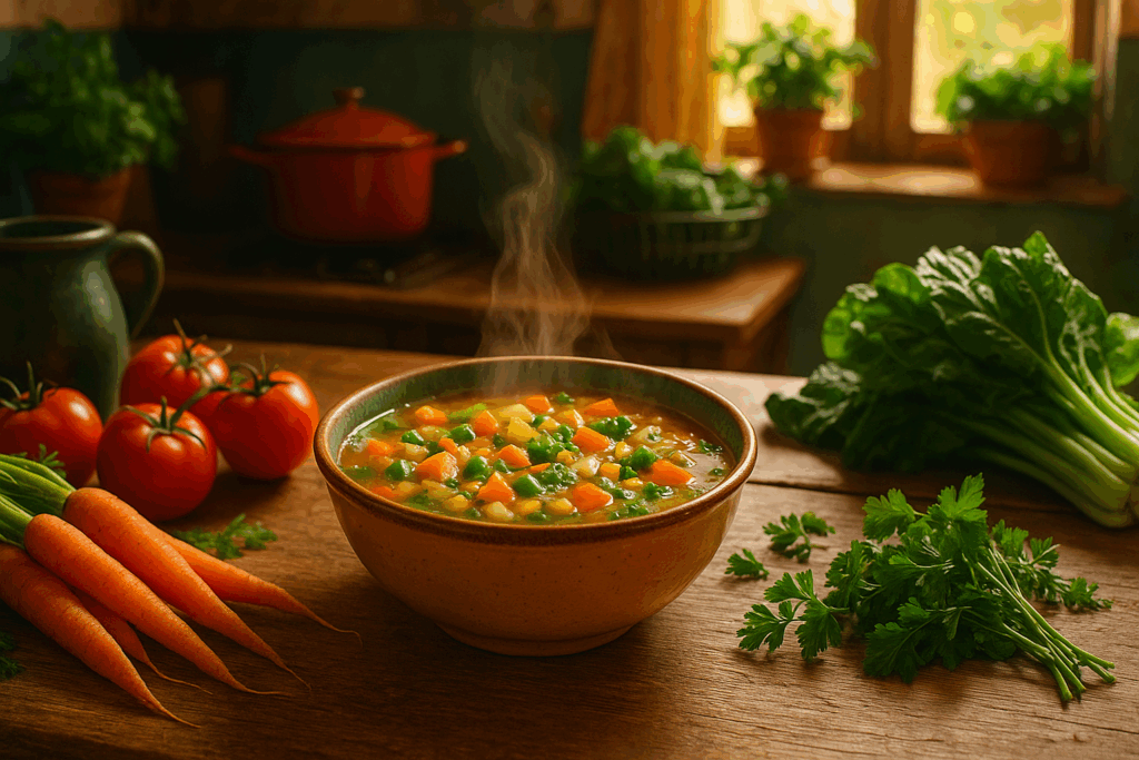 Colorful bowl of hearty homemade soup with carrots, kale, and beans showing how to make the best vegetable soup