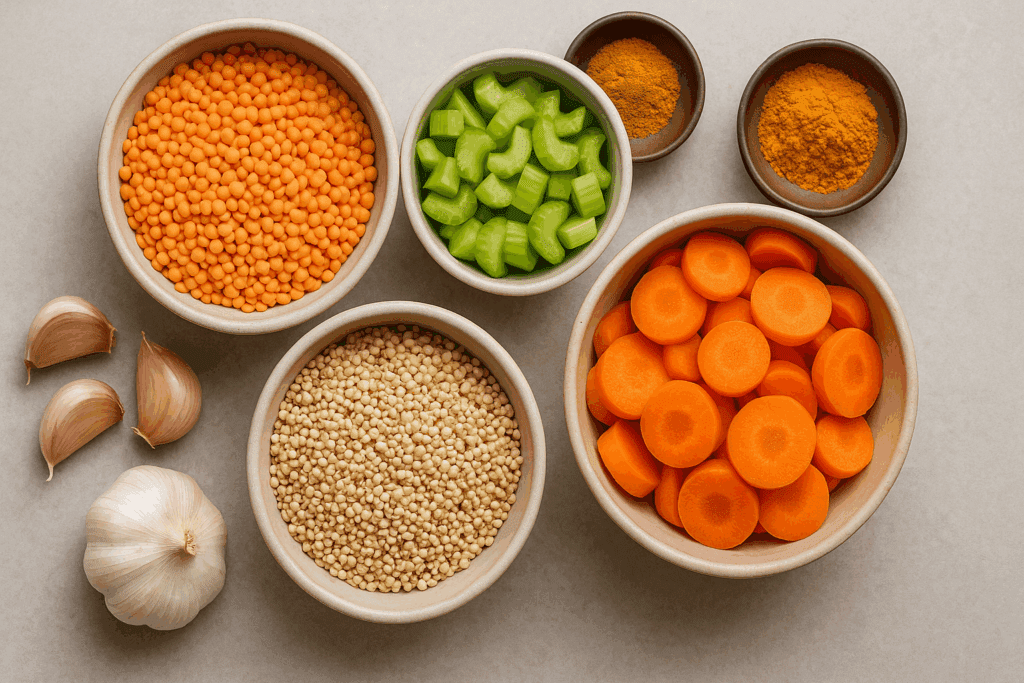 Warm Up Your Wellness Journey: 21 Hearty Vegan Soup Recipes for a Healthy, Plant-Based Lifestyle 2 Rustic kitchen table with multiple colorful bowls of hearty vegan soup recipes featuring lentils, kale, sweet potatoes, and carrots.