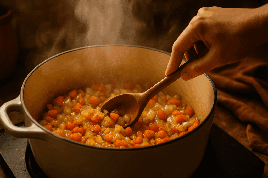 How to Create a Flavorful Vegan Soup Base: Easy Recipes for Healthier, Plant-Based Meals 2 Aromatics like onions and garlic sweating in a pot to develop rich flavors for a homemade vegan soup base.
