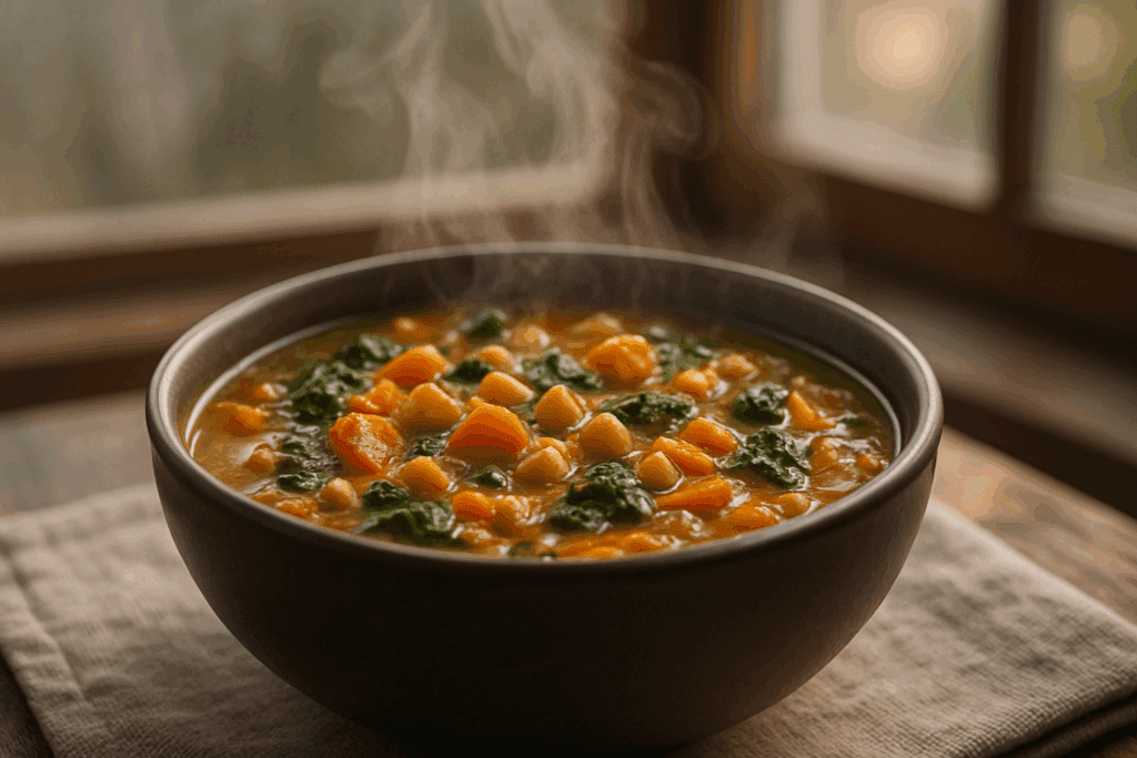 Warm and Wholesome: The Best Plant-Based Soups and Stews for Flavor, Fullness, and Weight Loss Support 2 Ingredients for plant-based soups and stews, including lentils, chickpeas, kale, squash, and vibrant spices on a wooden surface.