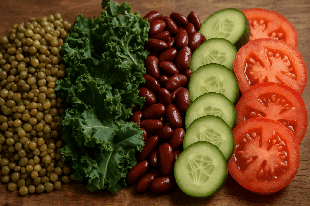 Smart & Satisfying: Plant-Based Lunch Ideas for Weight Loss Backed by Nutrition Science 2 Assortment of healthy Plant-Based Lunch Ideas for Weight Loss with vibrant greens, beans, grains, and seasonal vegetables arranged neatly