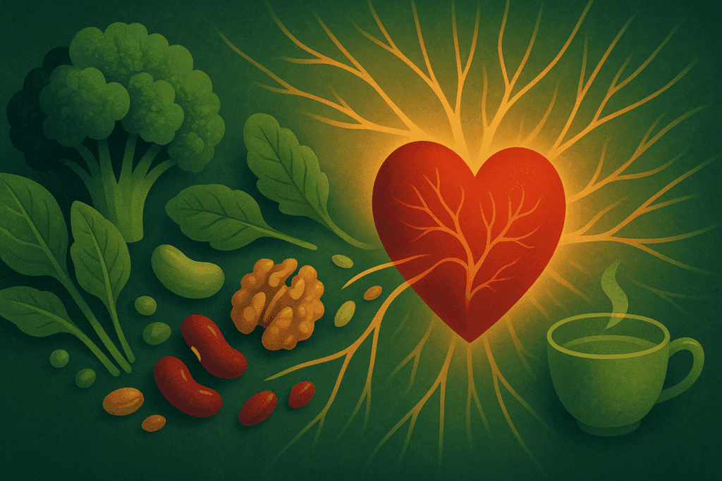 How the Green Mediterranean Diet Plan Supports Heart and Metabolic Health: What the Science Says About This Plant-Powered Eating Style 2 Abstract heart surrounded by plant-based foods like walnuts and leafy greens illustrating cardiovascular benefits of the Green Mediterranean Diet Plan