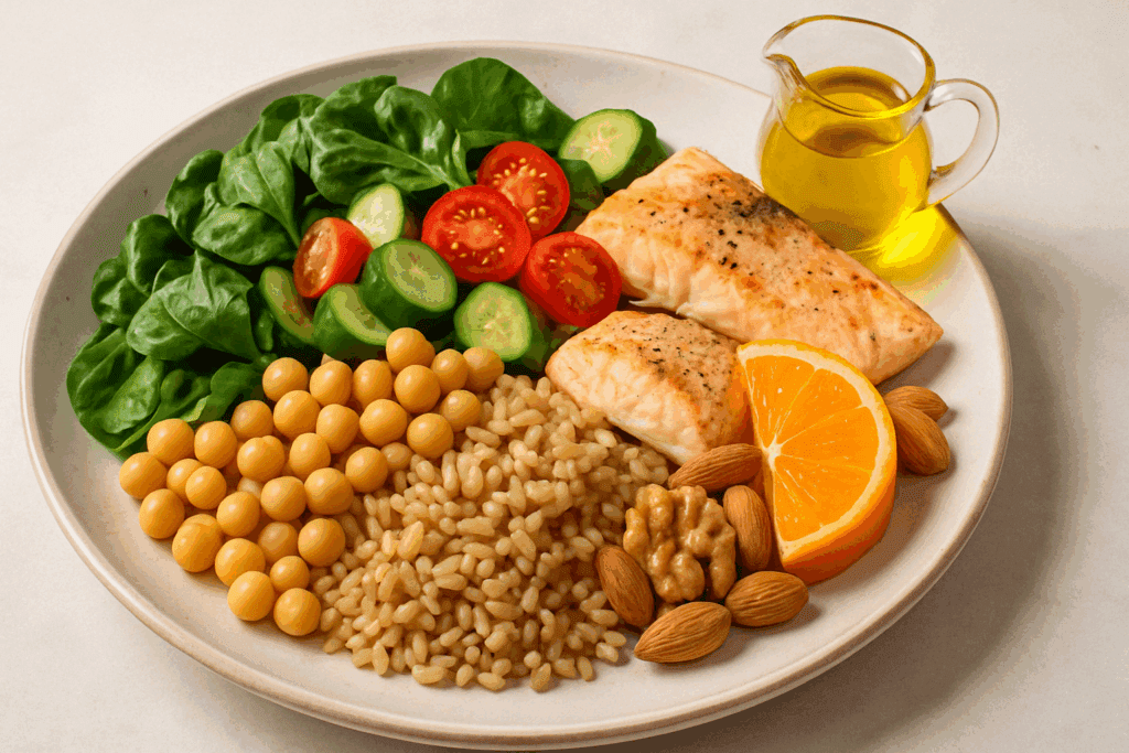 Balanced plate with vegetables, whole grains, fish, and olive oil demonstrating how to start a Mediterranean diet meal plan