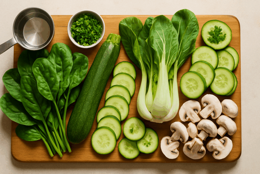 Best Low Calorie High Protein Foods for Weight Loss: What to Eat for Fullness and Results 2 Fresh spinach, zucchini, cucumbers, and mushrooms arranged to highlight the best low calorie high protein foods for weight loss