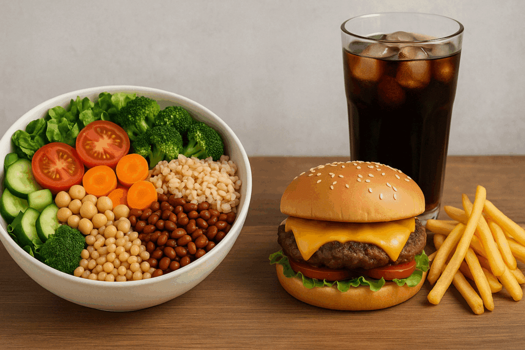 Plate of leafy greens, tofu, quinoa, and lentils next to fitness accessories, demonstrating how to lose weight on a vegan diet through nutrient-dense meals.