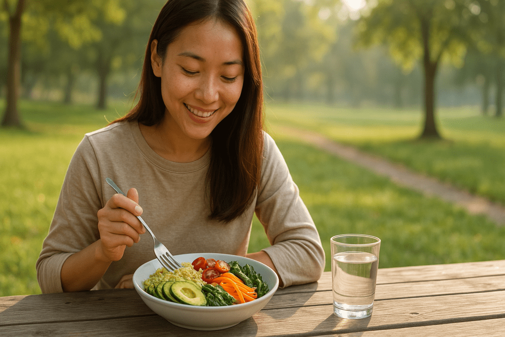 Easy Healthy Vegan Recipes Backed by Nutrition Science: Simple, Plant-Based Meals for Better Energy and Long-Term Wellness 2 A high-resolution photograph showcases a young Asian woman enjoying a colorful vegan quinoa salad at a rustic outdoor picnic table. Surrounded by lush greenery and bathed in soft natural morning light, the scene highlights the simplicity of plant-based meals and their connection to overall wellness and energy.