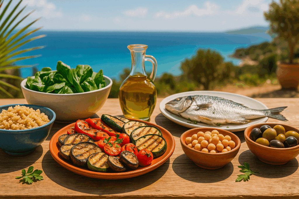 Mediterranean Diet Macros for Weight Loss: How the Right Macronutrient Balance Supports Sustainable Fat Loss and Better Health 2 Colorful table spread of vegetables, grains, fish, and healthy fats representing mediterranean diet macros for weight loss