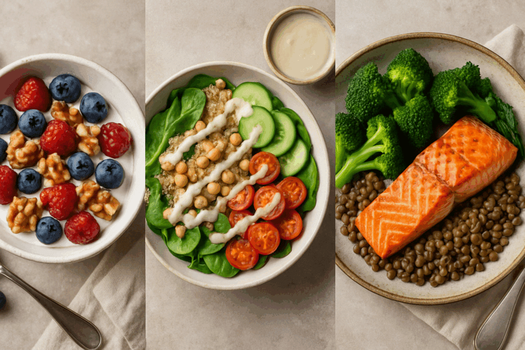 Fresh ingredients like olive oil, lentils, vegetables, and herbs arranged on a wooden counter representing healthy Mediterranean meal ideas