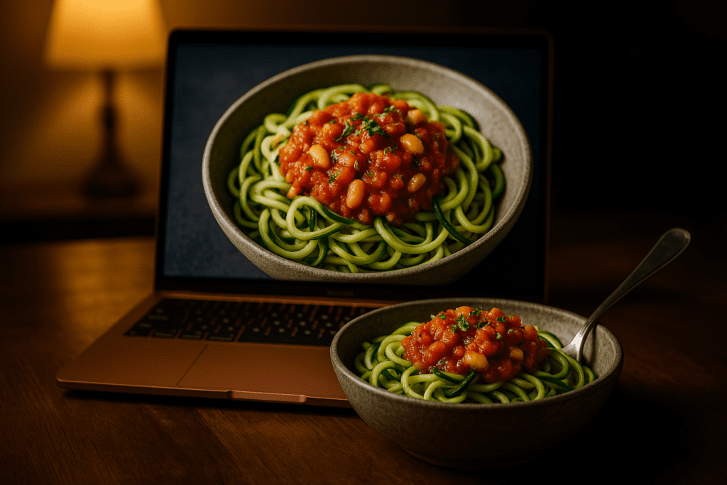10 Delicious Low Calorie Vegan Dinner Recipes Backed by Nutrition Experts 2 A nighttime setting shows a rustic vegan dinner of zucchini noodles in tomato-bean sauce beside a copper laptop displaying the same dish, with moody lighting casting dramatic shadows across a dark wooden table. The ambiance highlights a cozy, healthy mealtime ritual perfect for vegan lifestyle articles.