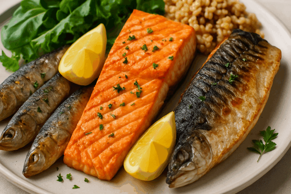 Is the Pescatarian Diet Healthy? Benefits, Risks, and What Pescatarians Actually Eat 2 Grilled salmon, sardines, and mackerel served with greens and herbs as part of a heart-healthy pescatarian diet