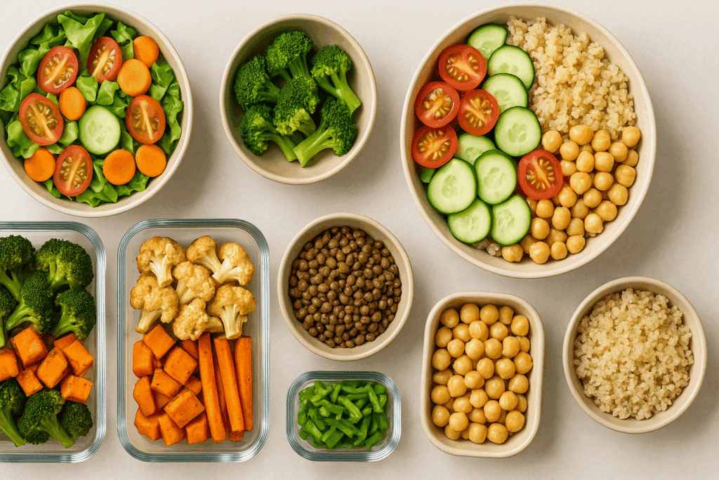 "Meal prep containers with colorful whole plant foods supporting a low calorie diet for weight loss"