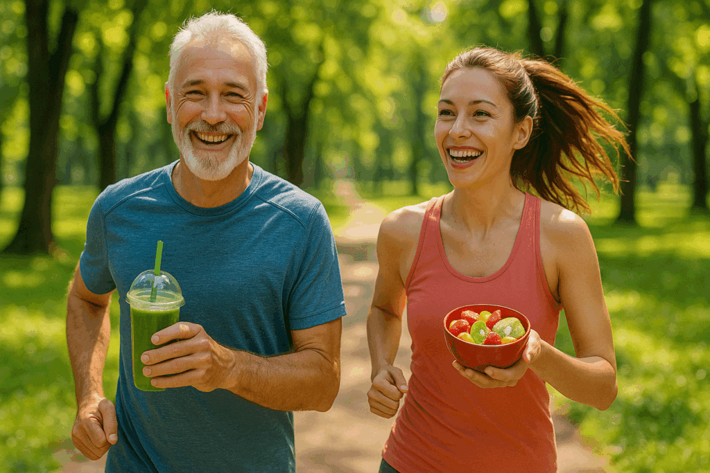 Active couple representing health benefits of a vegan vs vegetarian lifestyle through jogging and plant-based foods