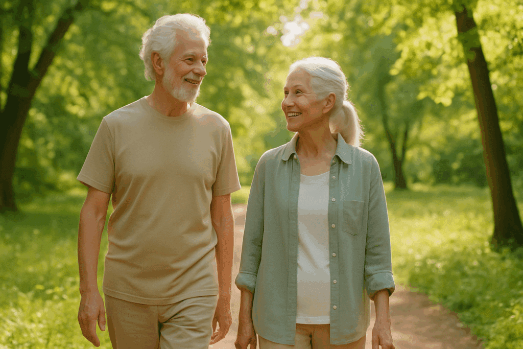 Active elderly couple walking outdoors, representing health and longevity benefits in the vegetarian vs non vegetarian lifestyle.