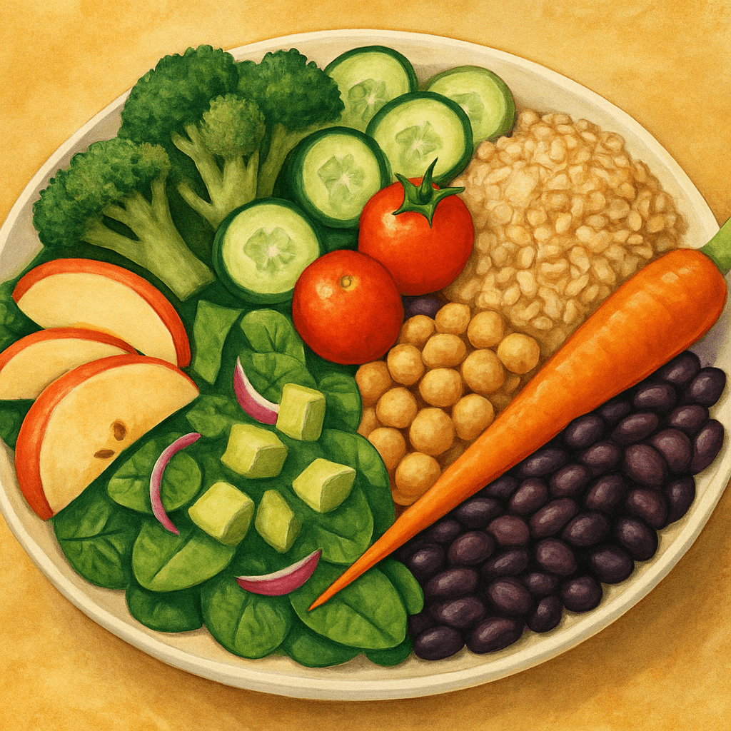 How to Eat Fewer Calories Without Feeling Hungry: What to Eat for a Calorie Deficit to Lose Weight Safely 2 "High-volume, low-calorie foods like vegetables, fruits, and legumes, showing what to eat for a calorie deficit to lose weight while feeling full."