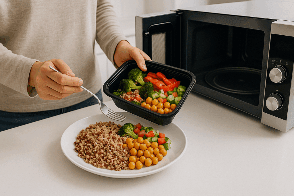 Chef plating a quinoa and chickpea dish from the best Mediterranean prepared meal delivery service in a modern kitchen.