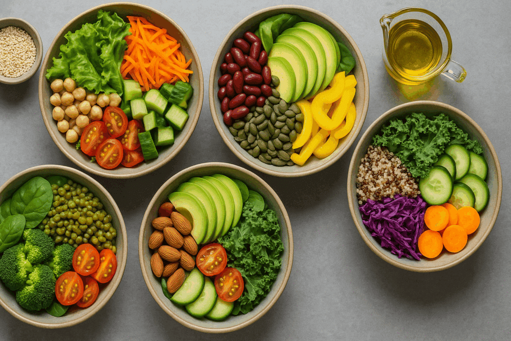Colorful variety of nutrient-rich salad bowls from a healthy salad meal delivery featuring greens, legumes, and vegetables