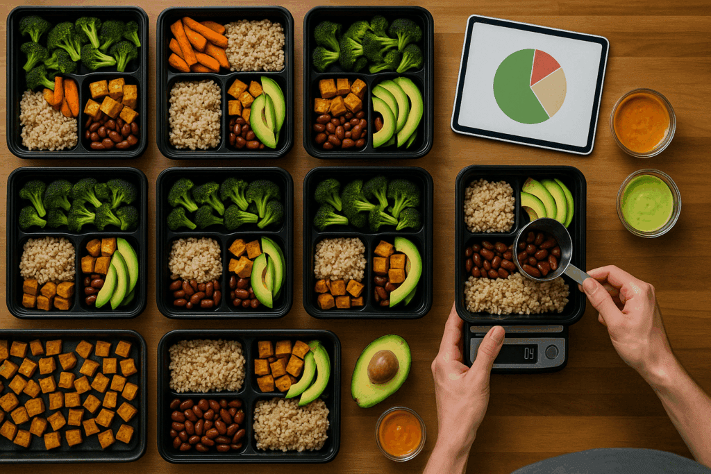 Batch cooking setup with grains, legumes, and vegetables used in strategic bulking meal prep recipes