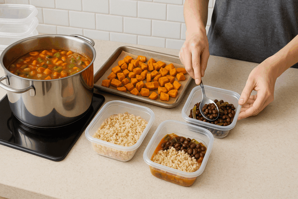 Simple kitchen scene showing batch-cooked lentils, sweet potatoes, and brown rice as part of healthy inexpensive meal prep