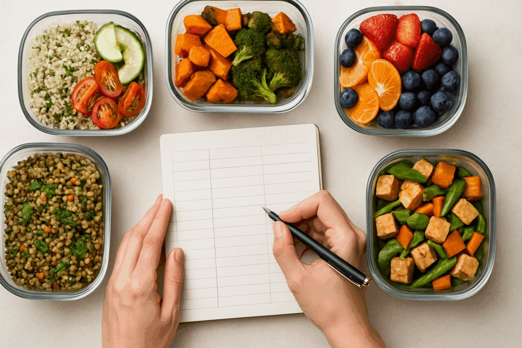 Person planning a clean eating meal plan on paper surrounded by healthy prepped meals and whole food ingredients