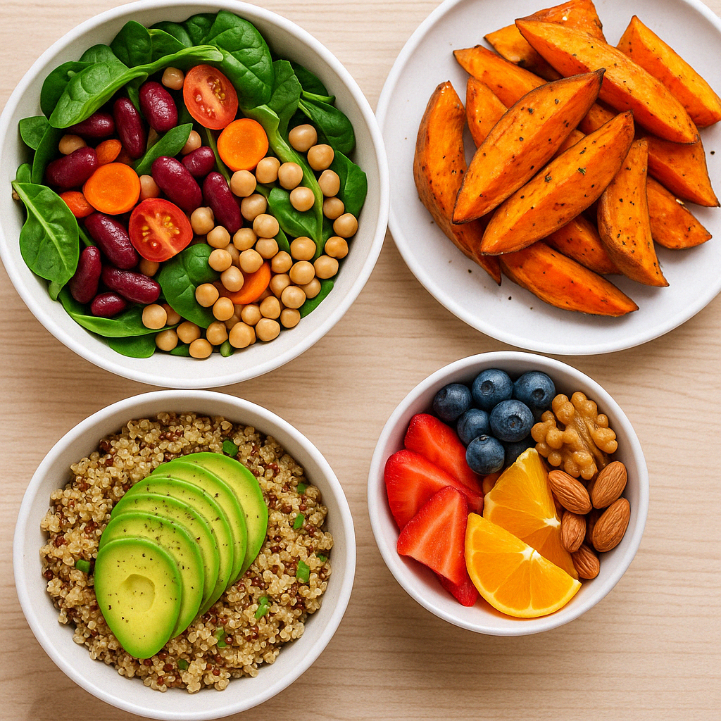 Colorful whole-food plant-based dishes showing how nutrient-dense meals support cutting back eating without hunger