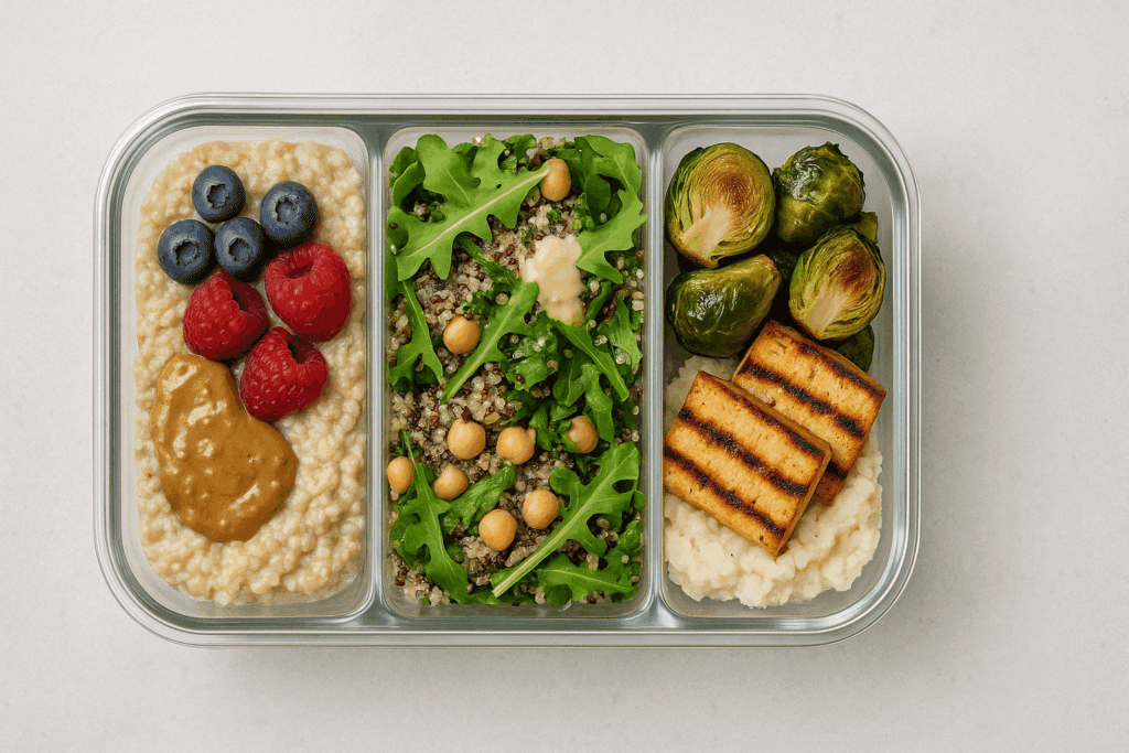 Prepared meals with oats, chickpea salad, and tofu dinner showcasing what to eat while cutting to stay satisfied